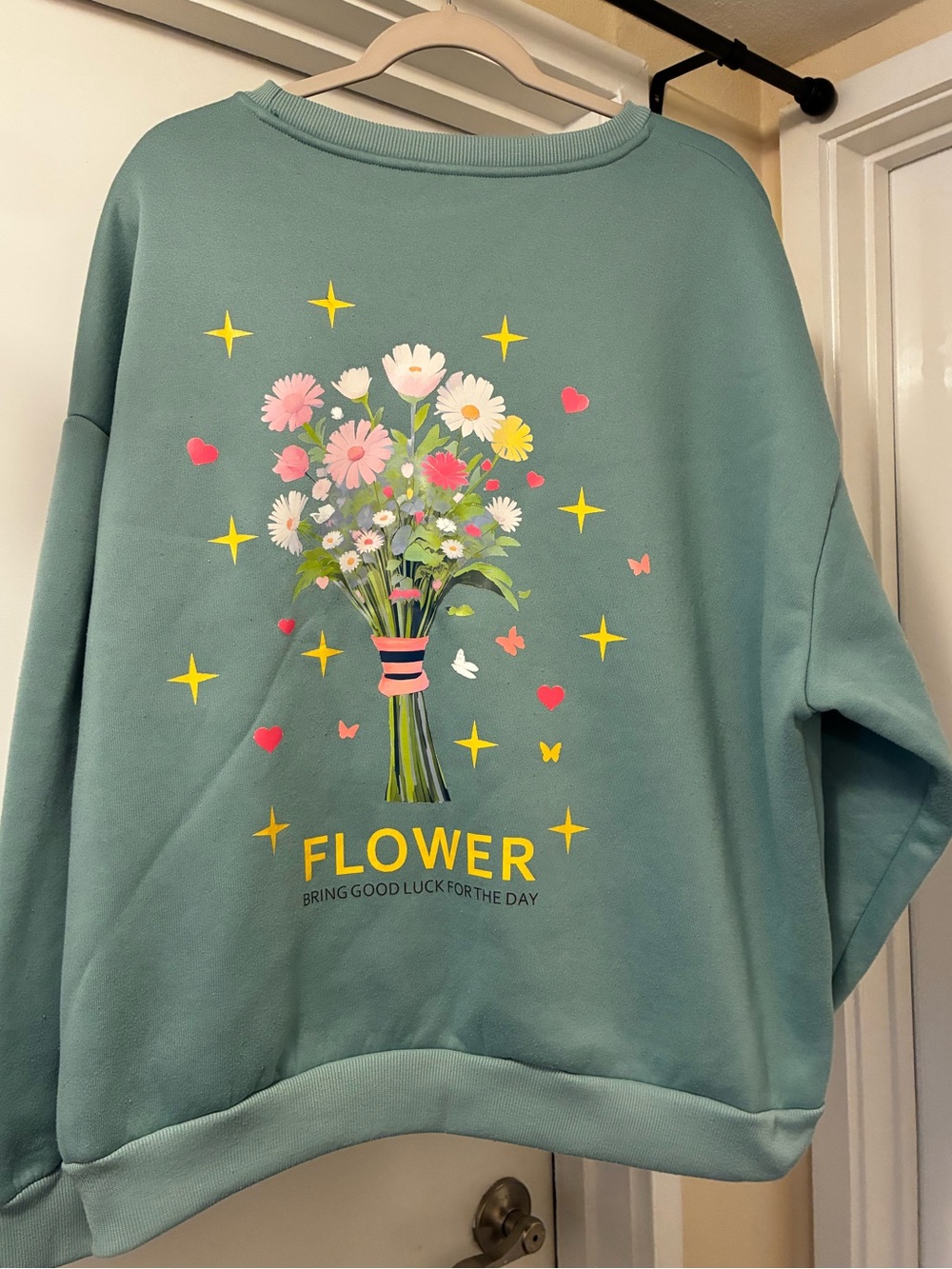 Flower Graphic Lightweight Green Crew Neck Sweatshirt